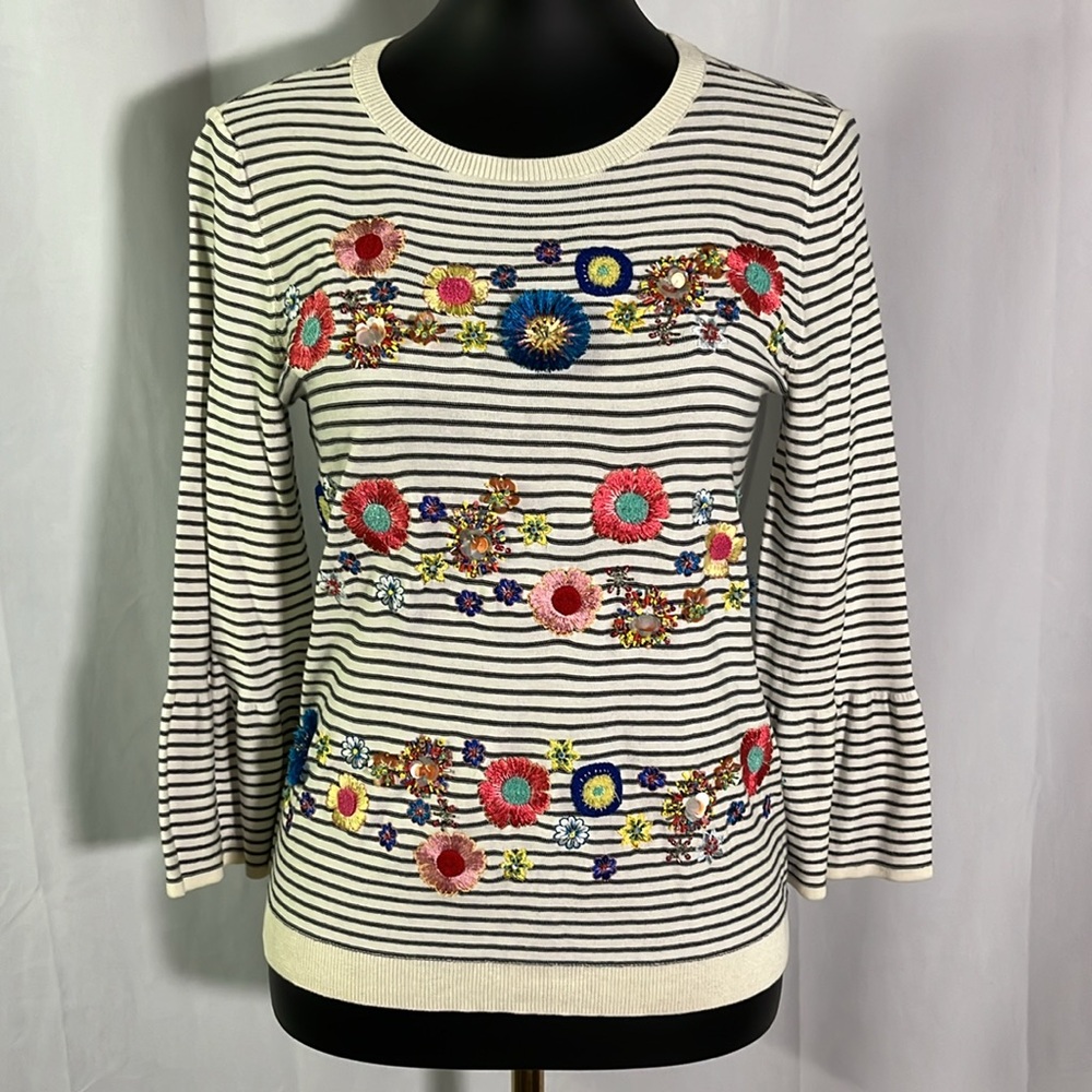 Talbots Striped Colorful Embroidered Beaded Floral Bell Sleeve Sweater